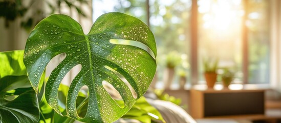 Poster - close up of a vibrant tropical leaf with sunlight filtering through a cozy indoor garden setting