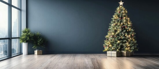 Poster - Festive Office Christmas Tree Decoration with Empty Space for Custom Text in Modern Workspace