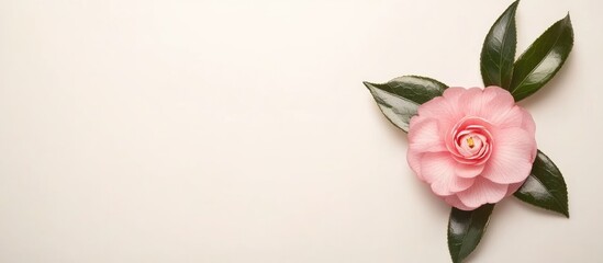 Poster - Camellia sasanqua flower with green leaves on light background blank space for text in nature setting floral composition