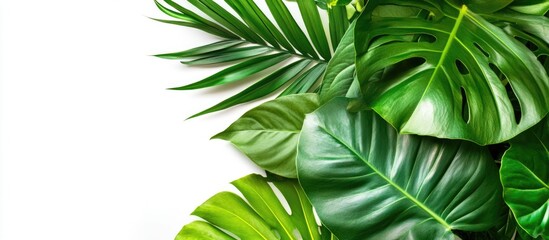 Poster - Tropical leaves arrangement on a white background showcasing vibrant green foliage for decoration and design purposes