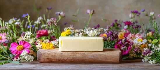 Poster - Butter on wooden holder surrounded by colorful flowers in a rustic setting close up for culinary or decoration themes