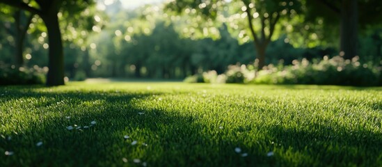 Poster - Lush green grass foreground with a blurred natural park background creating a serene and tranquil outdoor atmosphere.