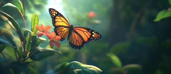 Poster - Monarch butterfly perched gracefully on vibrant flower surrounded by lush greenery in a serene natural setting