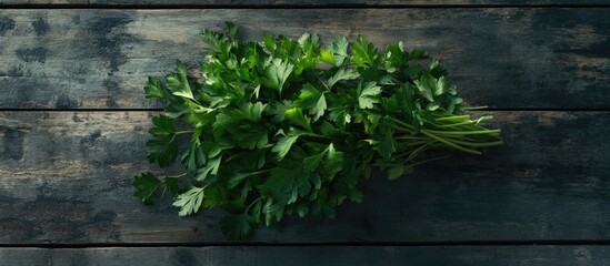 Aufkleber - Fresh parsley bundle on rustic wooden table top, capturing vibrant green color and natural texture in a food photography composition