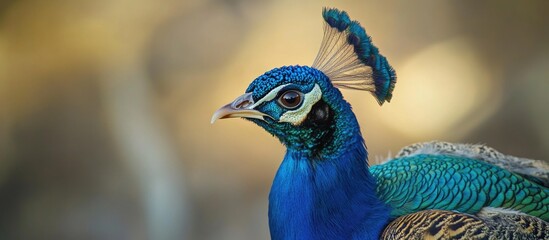 Poster - Close up of a vibrant male peacock showcasing its colorful and intricate tail feathers in a natural setting.