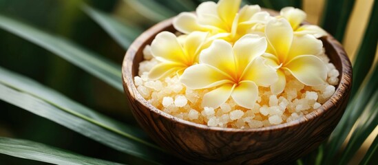 Poster - Wood bowl filled with frangipani flowers and natural sea bath salt on a palm leaf background for a tropical spa or relaxation theme.