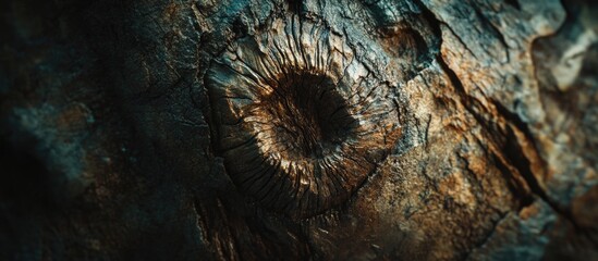 Poster - Close up of a textured knot in aged tree bark showcasing natural artistry and intricate details of wood formation.