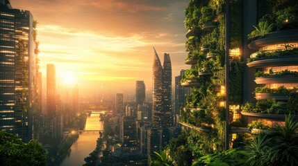 Poster - Futuristic city skyline featuring sustainable architecture, vertical gardens, and glowing elements, creating a harmonious blend of nature and innovation at sunset.