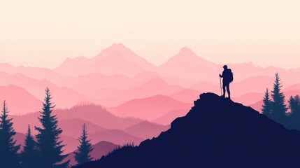 Aufkleber - Silhouette of a hiker with a backpack standing on a mountain ridge during dusk. Generative AI
