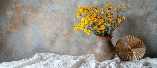 Poster - Bouquet of yellow flowers in handmade ceramic vase with vintage fan on textured table cloth against an old cement wall home decor setting