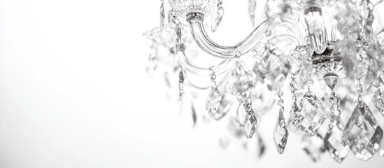 Poster - Elegant crystal chandelier with intricate detailing isolated on a clean white background, highlighting its luxurious design and shine.