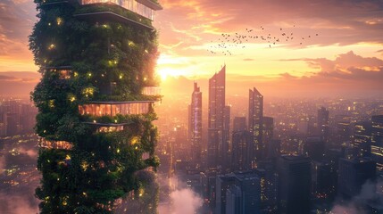 Poster - Futuristic city skyline featuring sustainable architecture, vertical gardens, and glowing elements, creating a harmonious blend of nature and innovation at sunset.