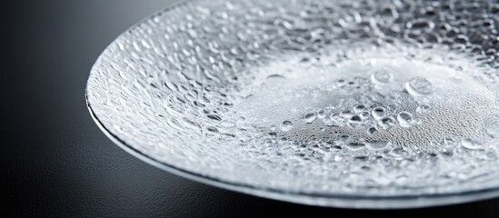 Poster - Elegant glass plate with cold droplets showcasing textured surface and reflective qualities on a dark background