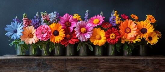Poster - Vibrant multicolored flower arrangement in glass vases on rustic wooden surface against dark background