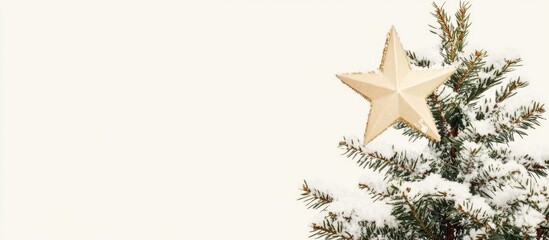 Poster - Christmas tree topped with star and snow creating a serene blank space for holiday greetings or festive messages