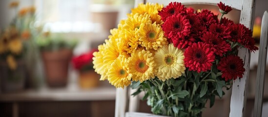 Poster - Vibrant bouquet of yellow chrysanthemums and red gerberas elegantly arranged on a white chair in a cozy indoor setting.