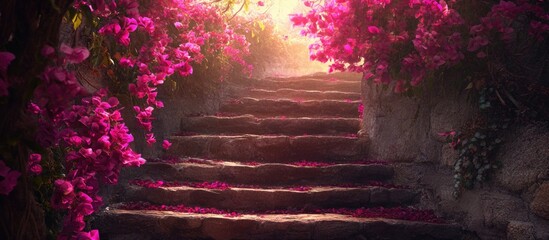 Aufkleber - Vibrant Bougainvillea Framing Weathered Stone Stairs in a Lush Garden Setting with Soft Light Illuminating the Pathway