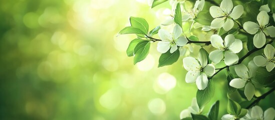 Poster - Close up view of delicate white flowers on a green branch with a soft blurred nature background showcasing pure natural beauty.