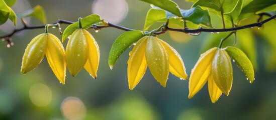 Poster - Star fruit branch with bright yellow fruits and lush green leaves glistening with morning dew in a serene natural setting.