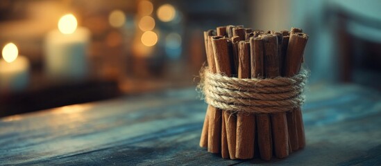 Poster - Bunch of tied cinnamon sticks arranged in a rustic setting with soft glowing candlelight background