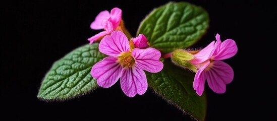 Poster - Close up of vibrant pink flowers with lush green leaves set against a contrasting dark background highlighting nature's beauty.
