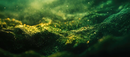 Poster - Close up view of lush green moss on textured stone illuminated by soft light creating an ethereal natural atmosphere.