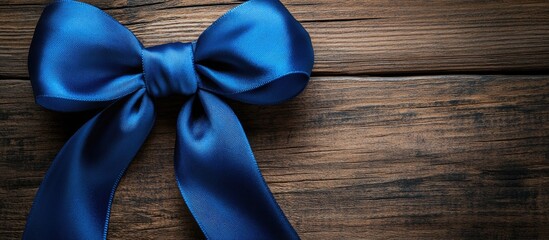 Poster - Elegant blue satin bow on rustic wooden background showcasing classic gift wrapping or decorative styling for celebrations and special occasions.