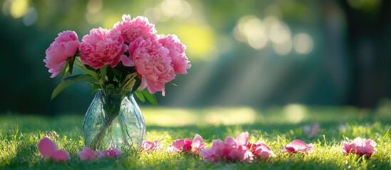 Poster - Pink peonies in a glass vase surrounded by fallen petals on lush green grass illuminated by soft sunlight in a serene outdoor setting