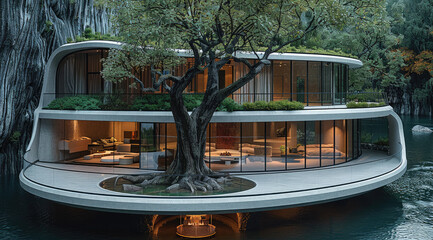 Aufkleber - Circular structure building, resting place, glass, tree in the center of the building, river outside, nature, cozy furnitures, terrace.