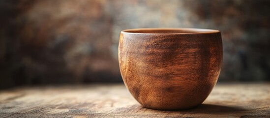 Poster - Traditional brown wooden cup showcasing artisan craftsmanship on a rustic wooden surface against an abstract background.