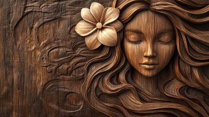 Wall Mural - Wooden woman carving, floral detail, serene expression, wood background, home decor