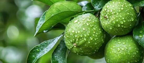 Poster - Lush Green Guava Fruits Surrounded By Dewy Leaves In Vibrant Natural Setting
