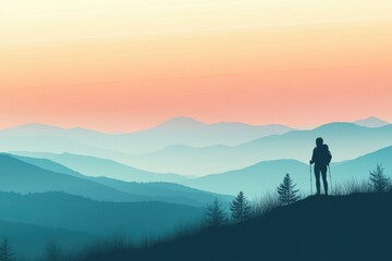 Aufkleber - Silhouette of a hiker standing on a mountain ridge at sunset with open space for text. Generative AI