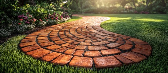 Aufkleber - Curved brick pathway with green paving stones and lush natural lawn in a serene garden setting