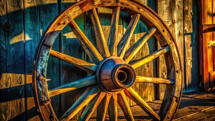 Wall Mural - Close-up of a weathered wagon wheel silhouette, showcasing rustic wood and metal details.