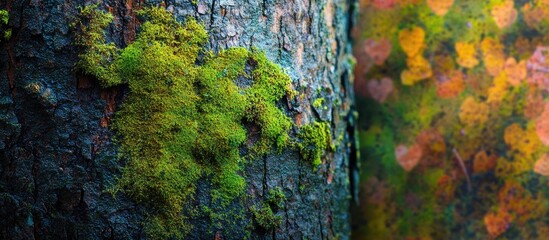 Poster - Close-up of moss-covered tree trunk with a blurred forest and colorful leaf backdrop creating a serene natural atmosphere.