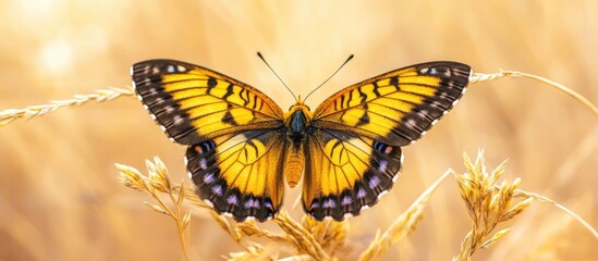 Poster - Yellow banded Skipper butterfly perched on dry weeds surrounded by a warm golden backdrop showcasing its vibrant yellow colors.