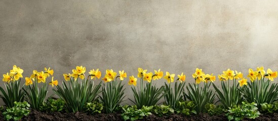 Poster - Vibrant yellow daffodils blooming in a lush garden with a textured grey background inviting a refreshing spring ambiance.