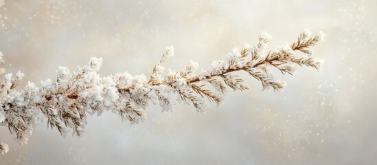 Poster - Snow-covered spruce branch with frost detailing against a soft winter background capturing the serene beauty of nature in cold months.