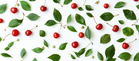 Aufkleber - Cherries and green leaves arranged on a white background showcasing a vibrant and fresh abstract food pattern from a top view perspective