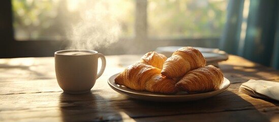 Poster - Cozy breakfast scene featuring a cup of coffee and warm croissants with natural light and ample copyspace for text.