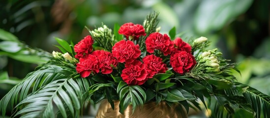 Poster - Vibrant bouquet of red carnations surrounded by green leaves in a lush natural setting