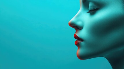 Poster - Close up artistic illustration of two merging faces with vibrant turquoise background and ample space for text placement