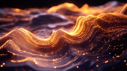 Poster - Futuristic topographic data visualization with glowing lines and particles creating a dynamic landscape, perfect for technology, research, and innovation themes.