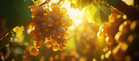 Aufkleber - Vibrant bunch of grapes illuminated by warm sunlight amidst lush green vineyard foliage