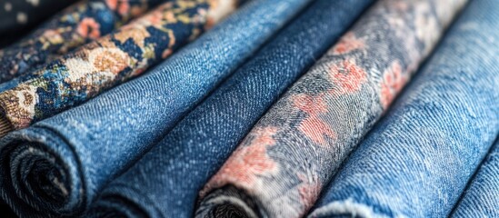 Poster - Denim fabric rolls showcasing various textures and patterns suitable for fashion and textile design backgrounds.