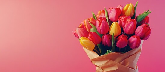 Aufkleber - Colorful tulip bouquet wrapped in craft paper on a pink background perfect for Mother's Day greeting cards and spring floral arrangements