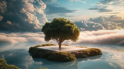 Poster - Surreal landscape with floating islands above a glowing, mystical lake, backlighting effect.