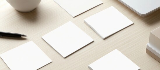 Poster - Minimalistic blank business card mockup on a wooden desk ideal for personalized design showcasing and branding presentations.