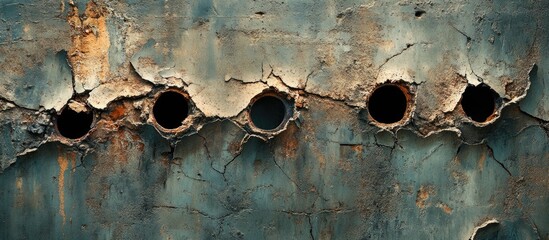 Poster - Texture of weathered wall with bullet holes showcasing wear, damage, and historical significance in an urban environment.